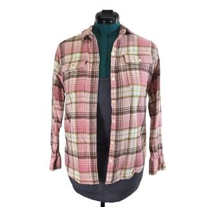 Old Navy Flannel Shirt XS Pink Brown Cotton Plaid The Boyfriend Long Sleeve‎